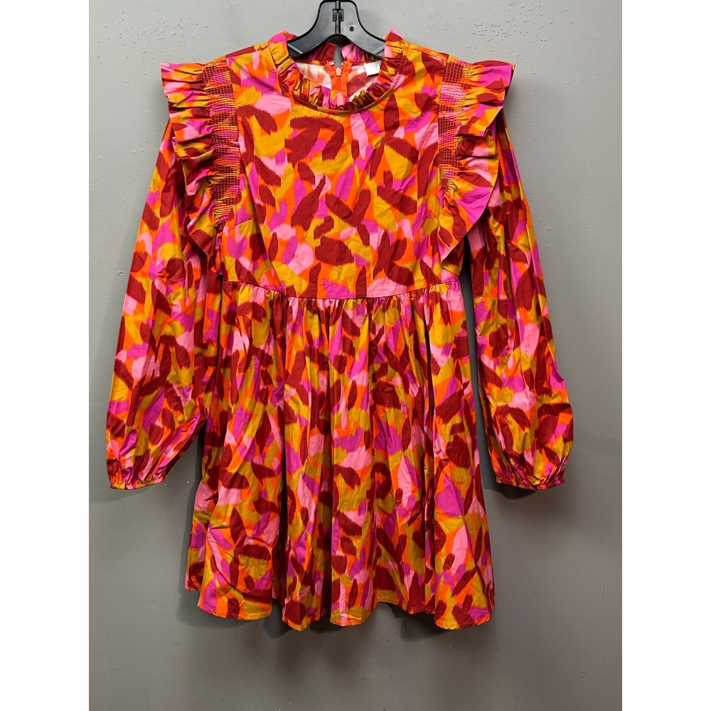 Peach Love Dress Womens Medium Pink Orange Brown Abstract Ruffle Smock Festival